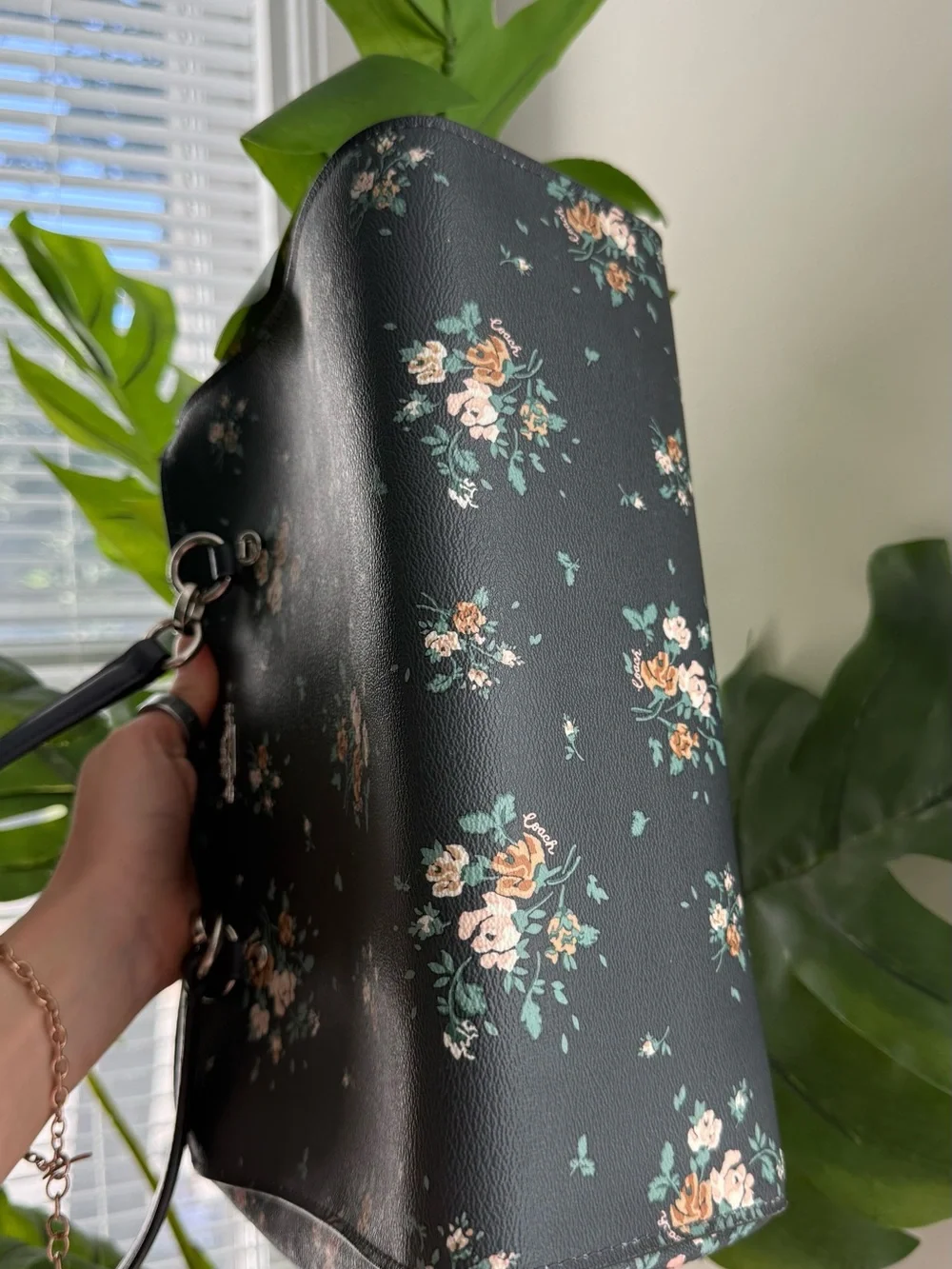 Coach Etta Carryall Rose Bouquet Navy Pebbled Leather Bag